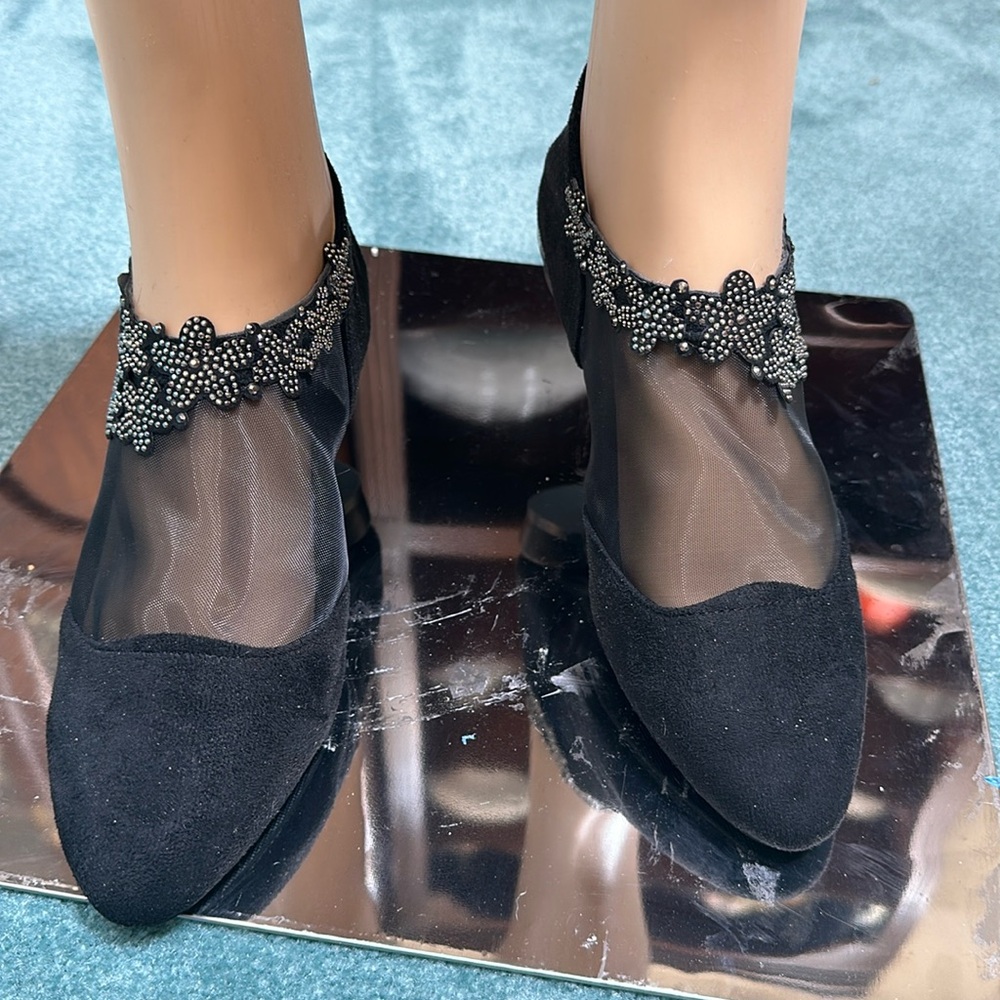 New Black mesh & faux suede shoe with floral sparkle appliqué.